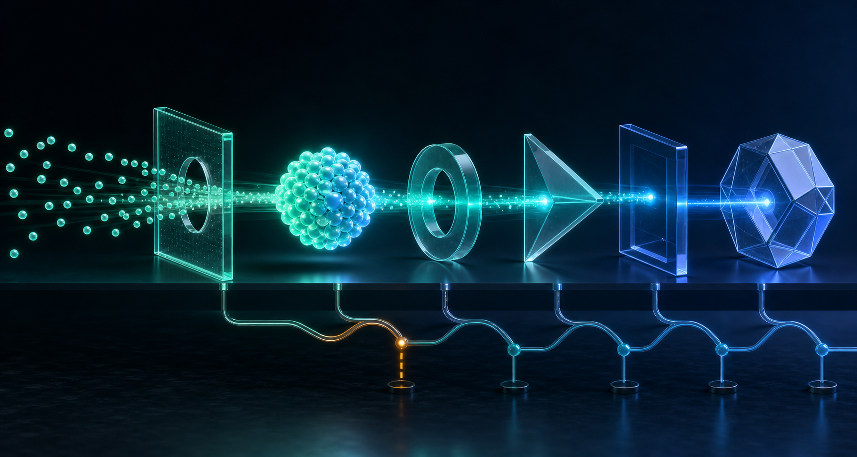 Glowing user spheres merge into an account cluster that moves through connected translucent stages, with an amber branch marking a break in the journey.