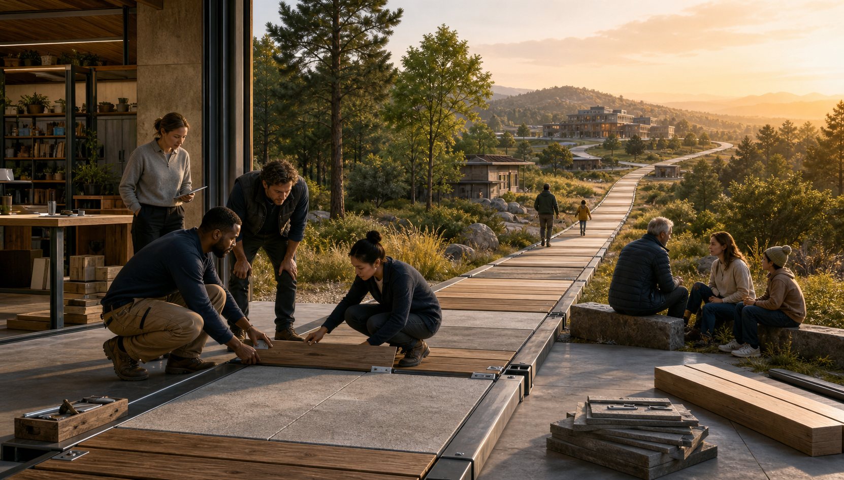 A team in an open workshop assembles a modular pathway that extends through a landscape of progressively mature trees and connected structures, while several people use the completed foreground section.