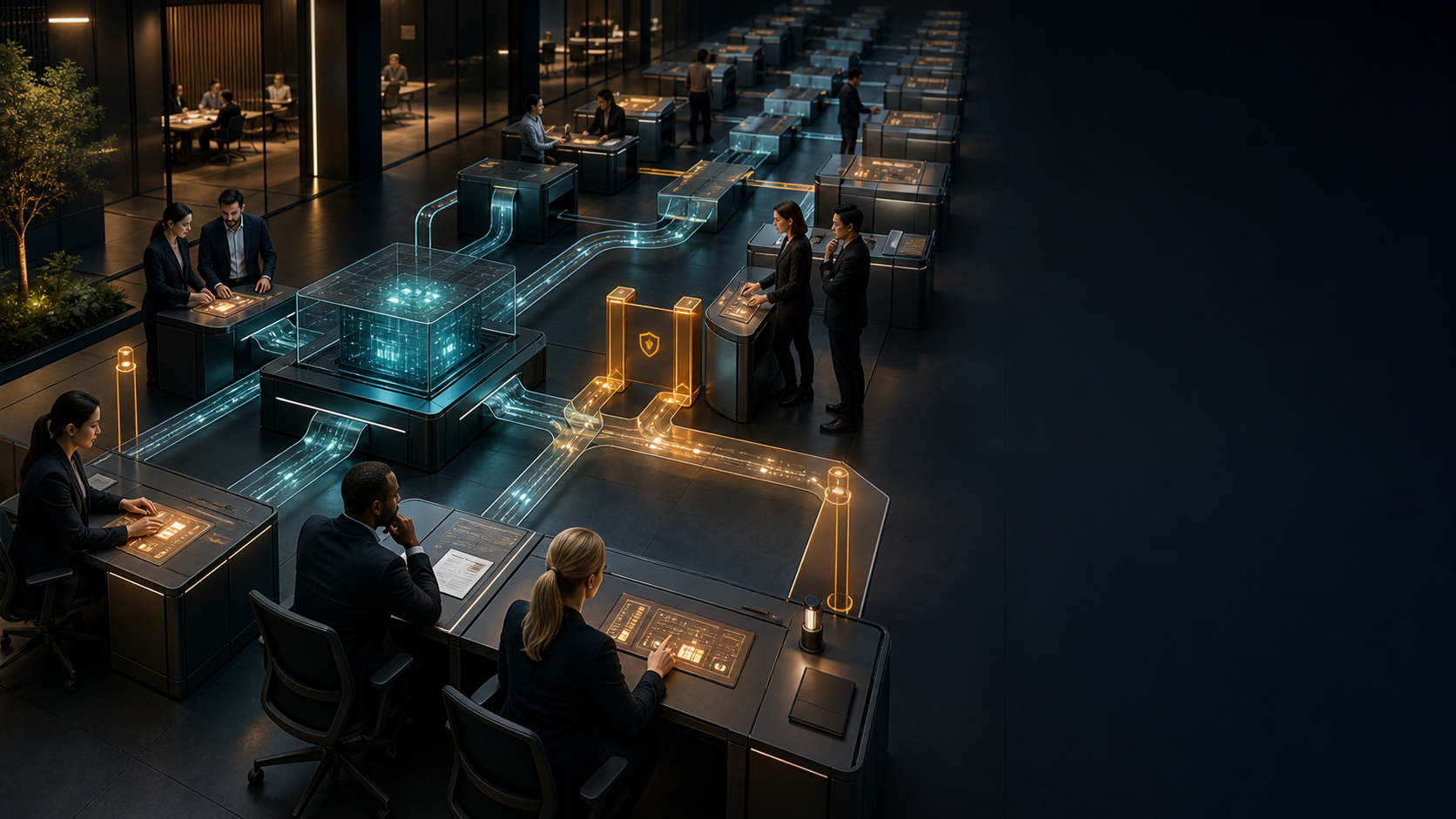 Business professionals supervise a modular operations hub with an illuminated AI core, human review checkpoints, data channels, safety gates, and expanding workflow lanes.