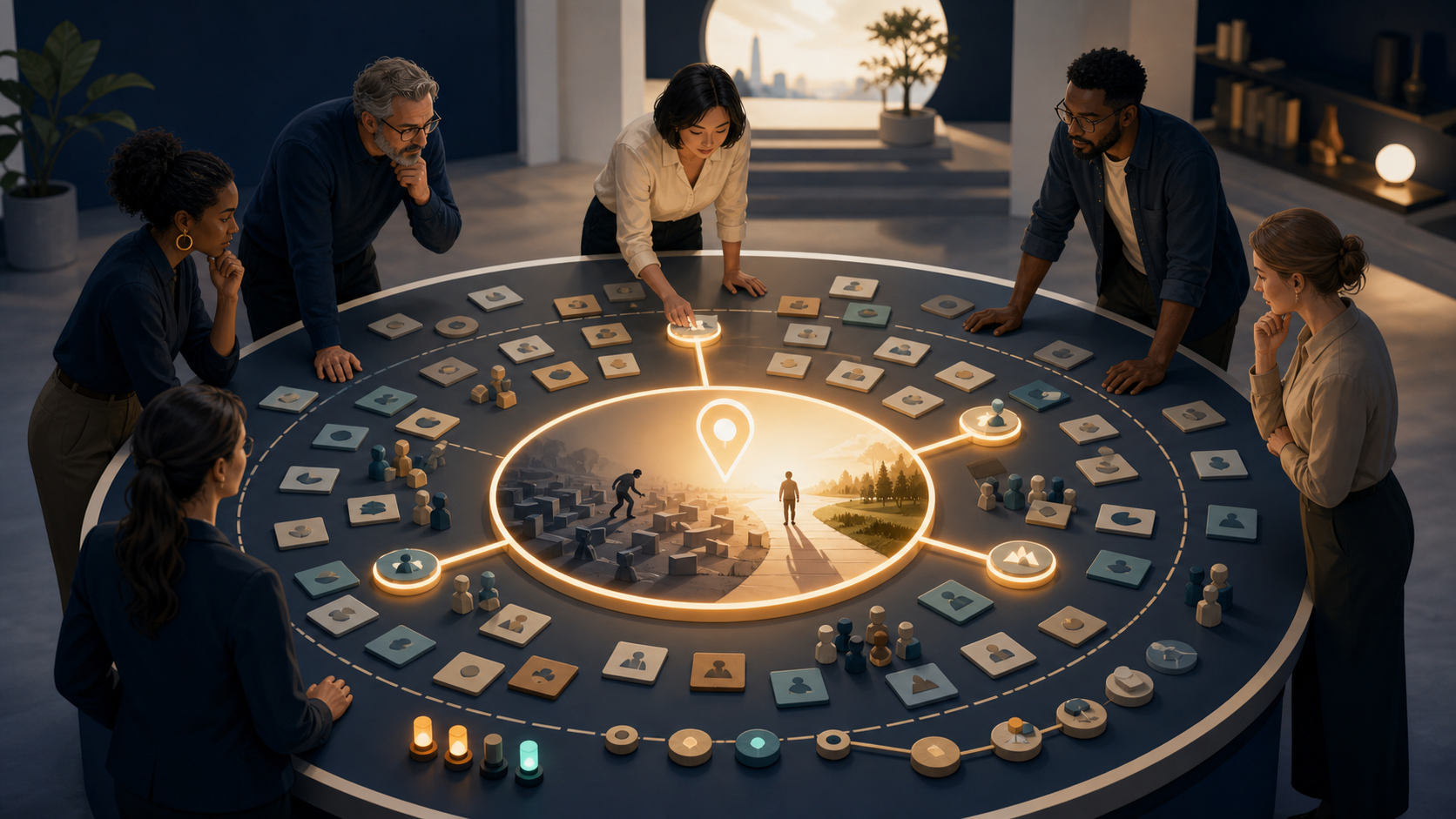 Product leaders gather around a circular table where a few selected project paths lead through a boundary ring toward a glowing central outcome.