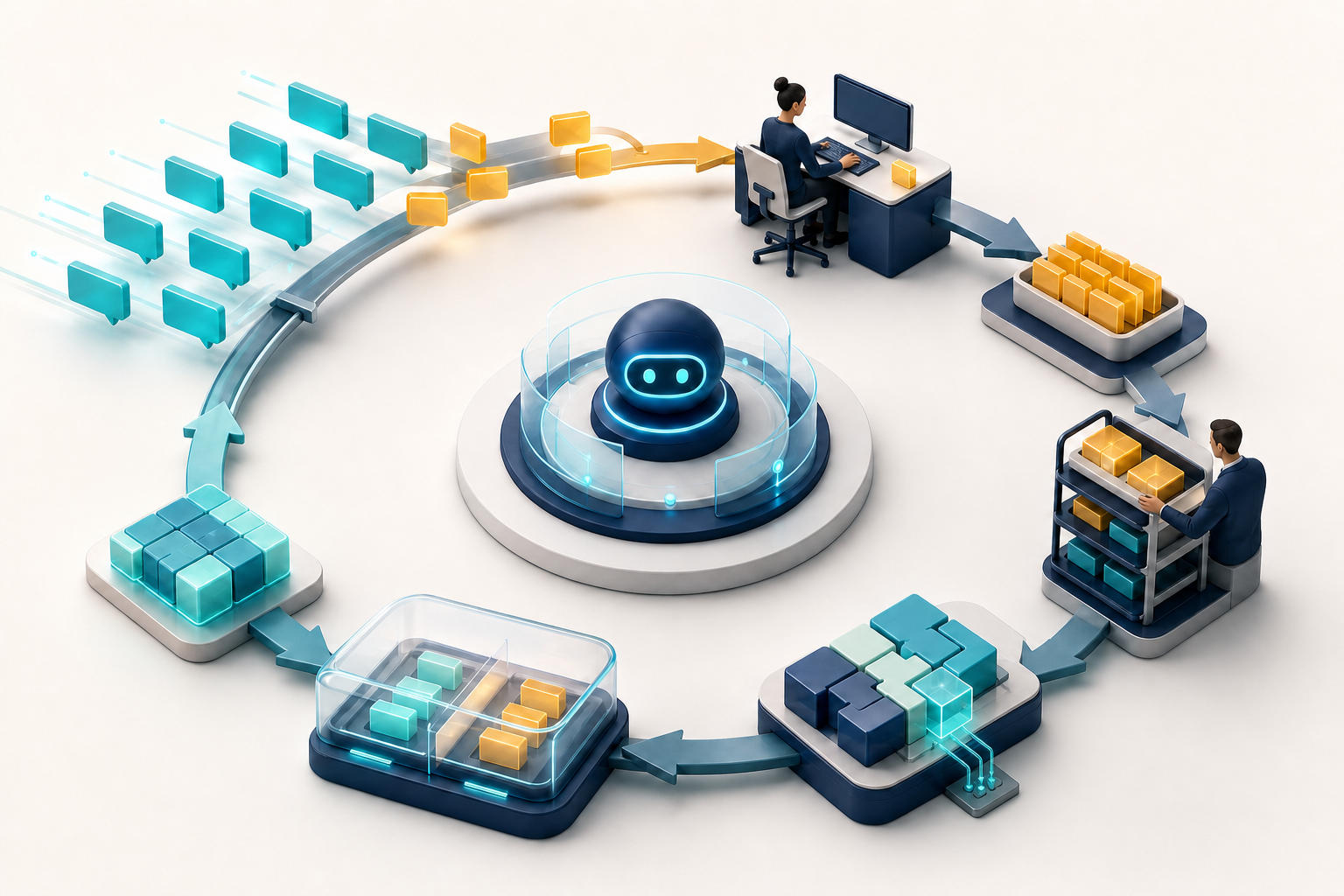 Editorial illustration of customer conversations moving through an AI support hub, human review, knowledge updates, controlled testing, and back into service as a continuous feedback loop.