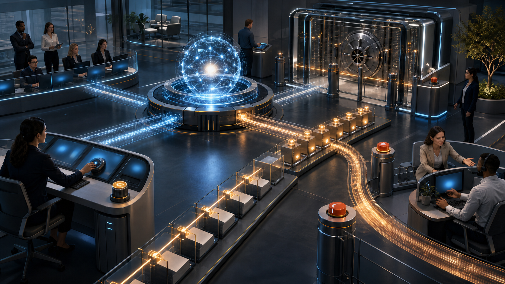 Enterprise support team overseeing a luminous AI system as customer interactions pass through security gates, approval checkpoints, evidence records, and a human handoff route.