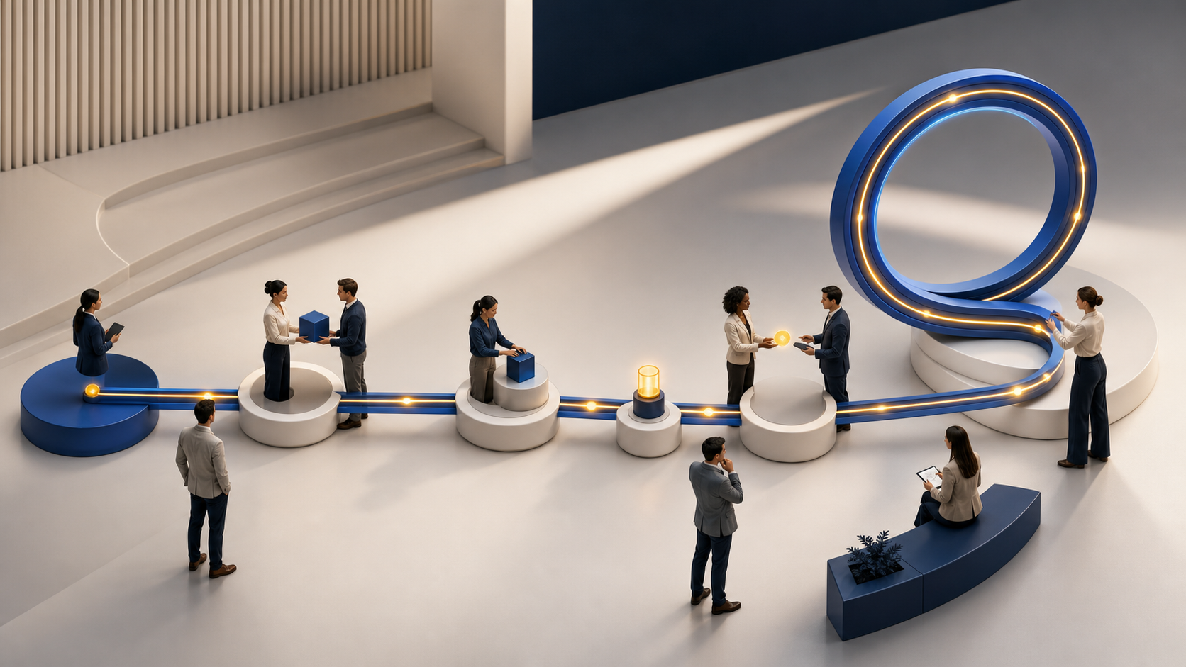 Business professionals guide an illuminated pathway from a launch platform through product use and verified value into a rising circular growth loop.
