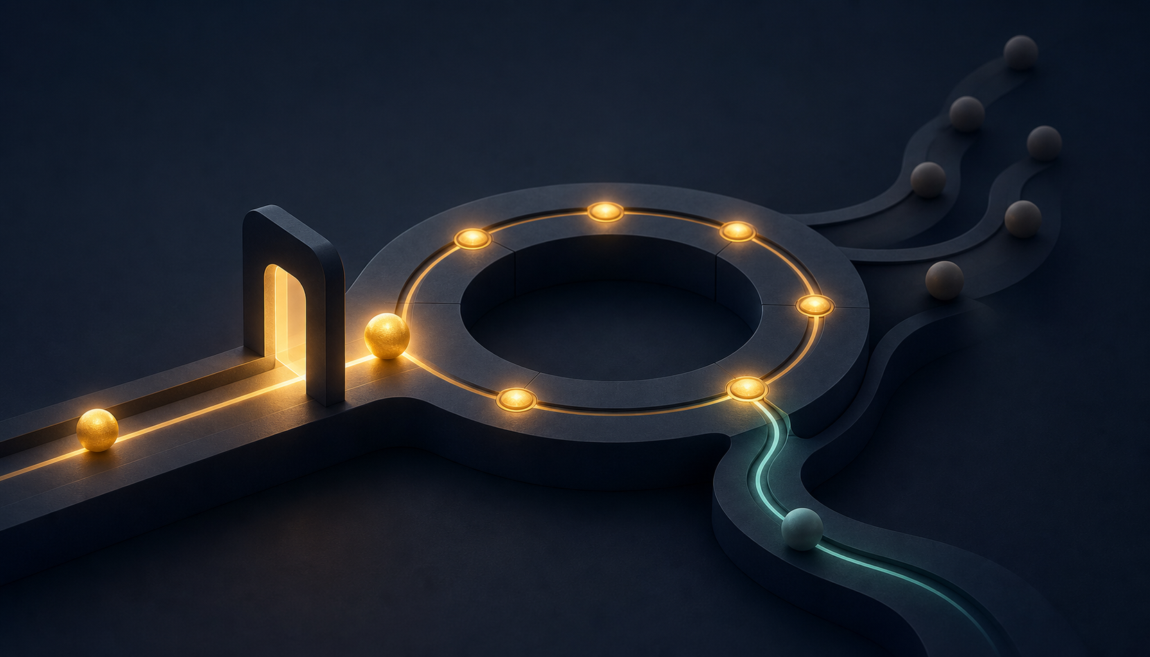 A glowing sphere passes through an illuminated gateway into a circular pathway, while a curved side route guides a dimmed sphere back toward the loop.