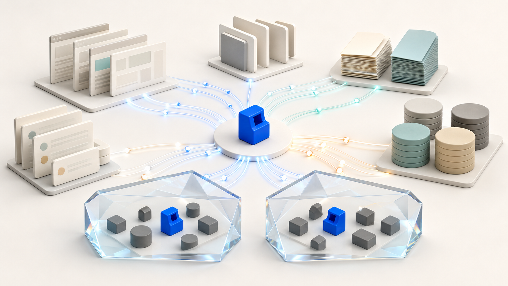 A blue product form connected by glowing paths to document and database shapes, appearing clearly within two translucent search prisms beside muted alternatives.