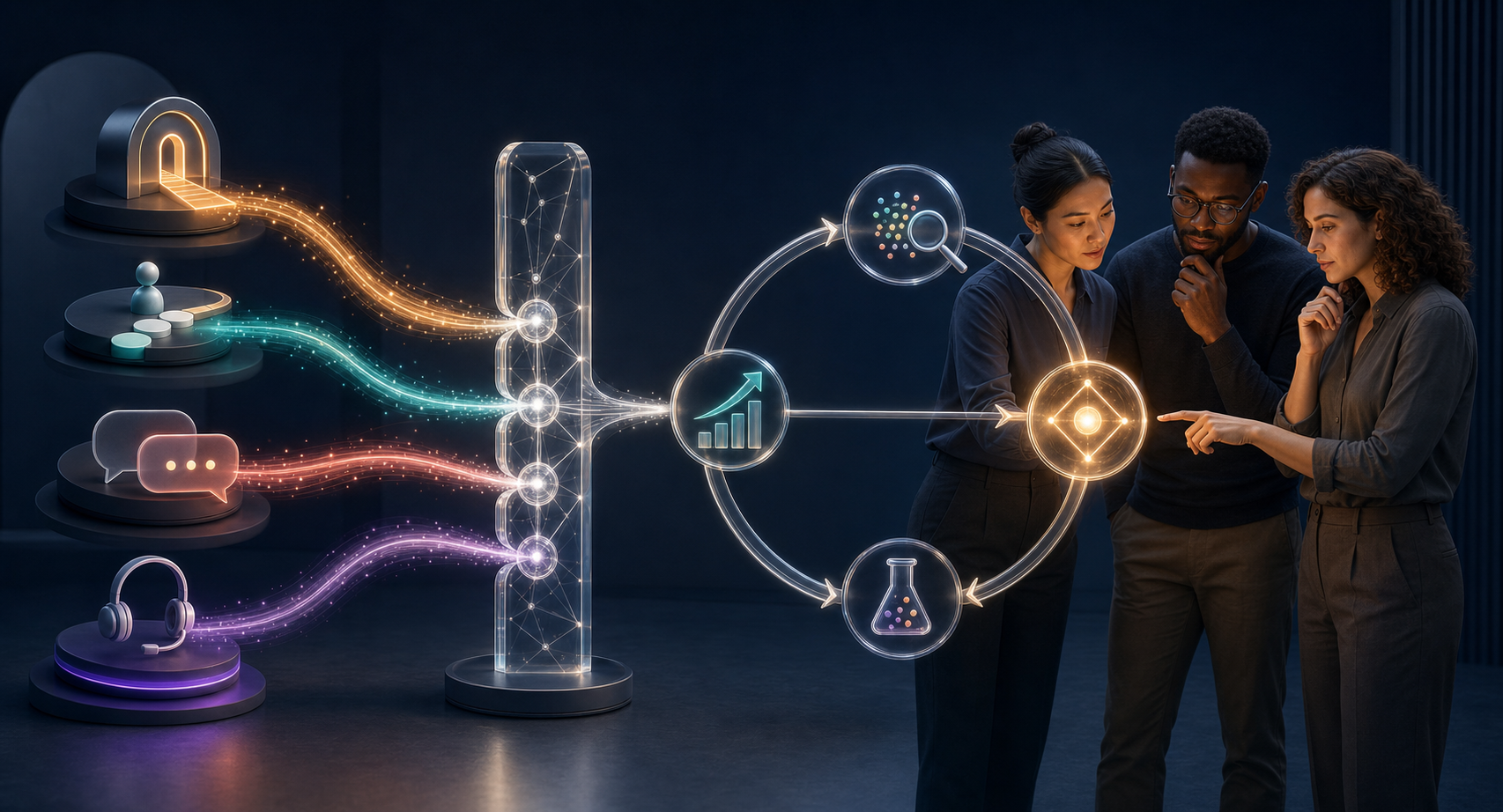 Three product and growth professionals examine a central illuminated decision node as several customer-signal pathways merge into one connected spine and continue through a circular operating loop.