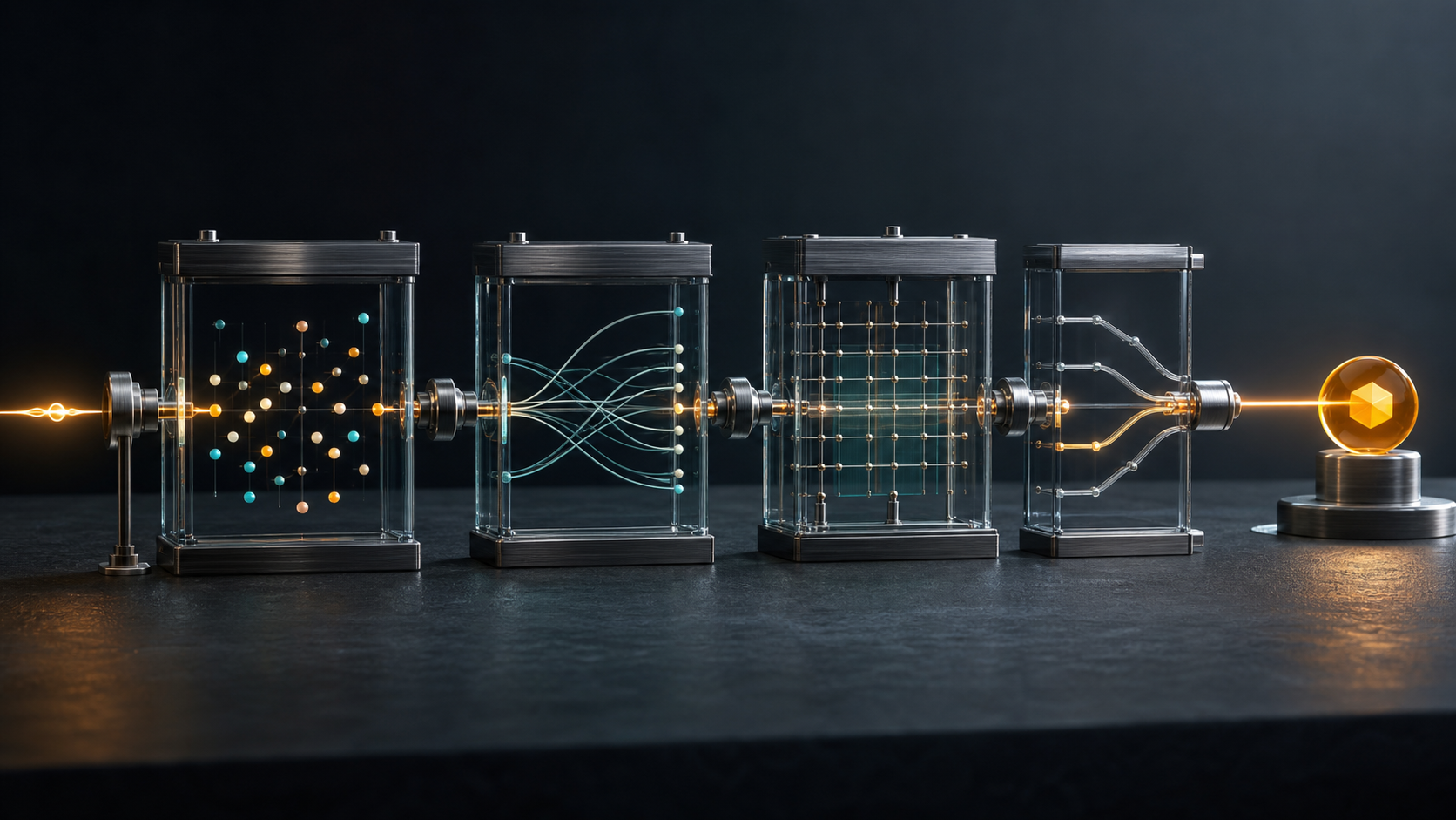 A sequence of transparent glass modules carries an amber light signal through abstract event dots, branching paths, measurement elements, and a controlled split before reaching an illuminated decision token.