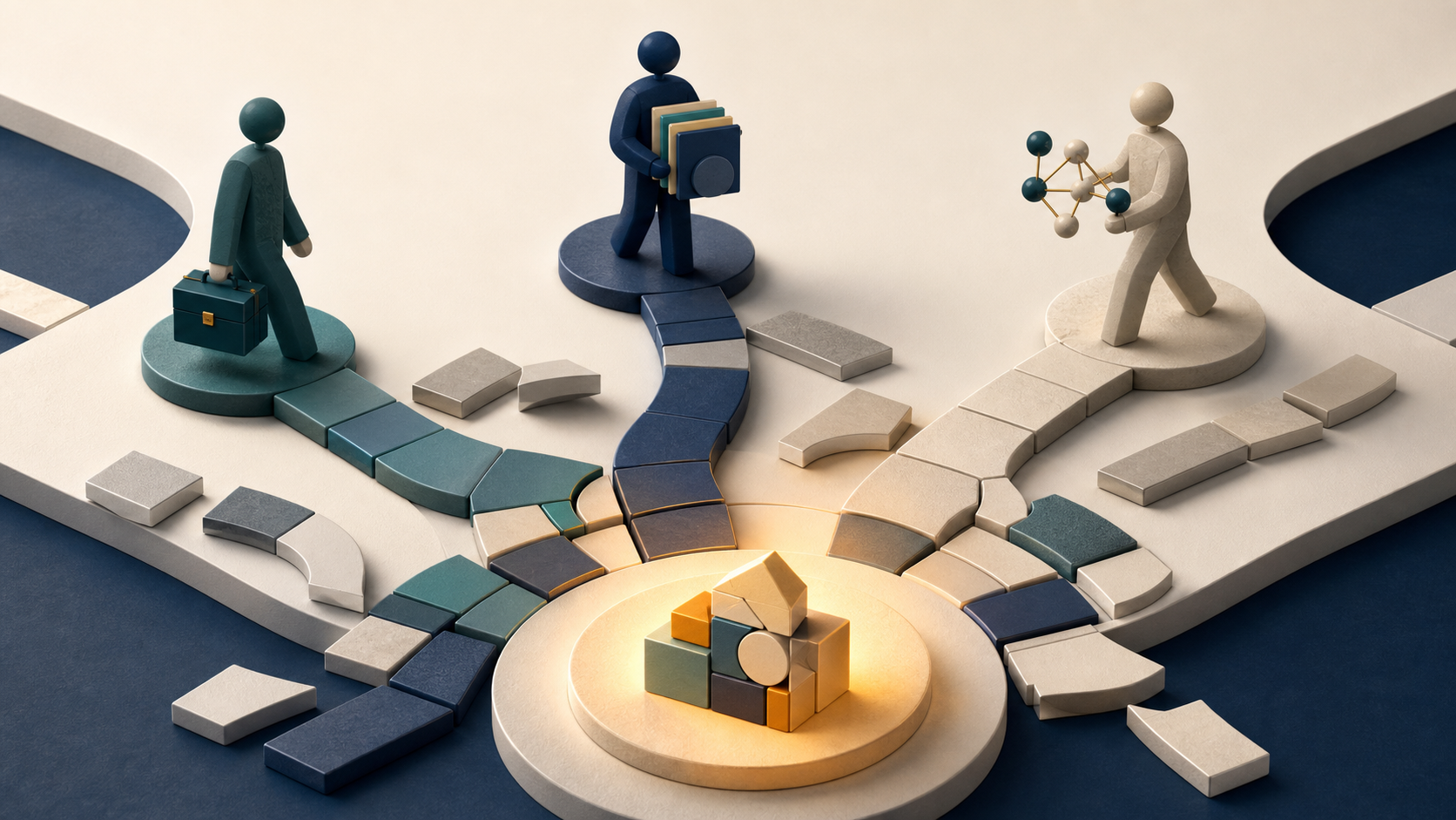 Three abstract user figures follow different modular paths toward a glowing workspace where loose pieces form a completed object.
