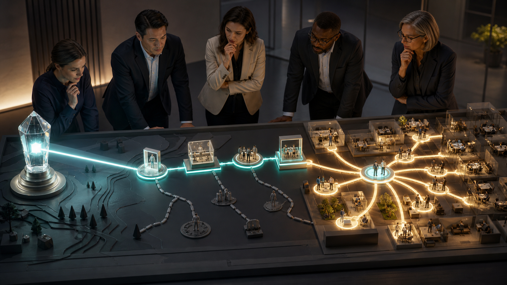 An enterprise product team studies a tabletop customer journey in which a glowing promise beacon connects through product touchpoints to a network of teams across an account.