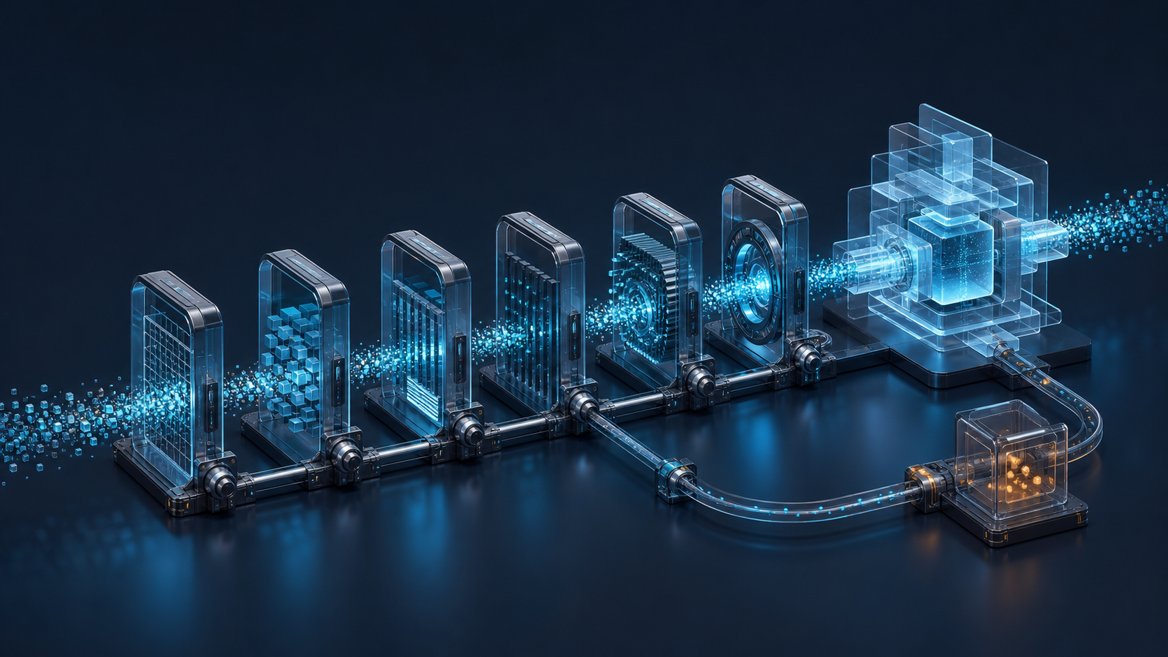 Abstract data particles pass through a linked series of transparent governance gateways into a layered AI system, with monitored exceptions diverted to a separate chamber and a feedback loop returning to the control path.