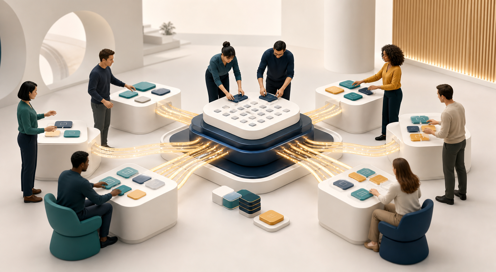 A cross-functional team explores modular analytics interfaces connected to one structured central data foundation while analysts maintain the shared system.
