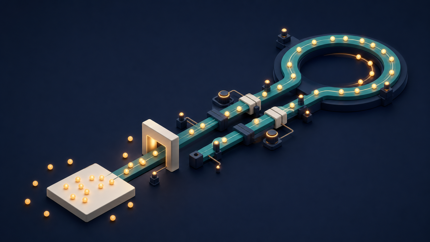 Isometric illustration of glowing particles moving through modular test pathways and an illuminated gateway into a stable circular loop.