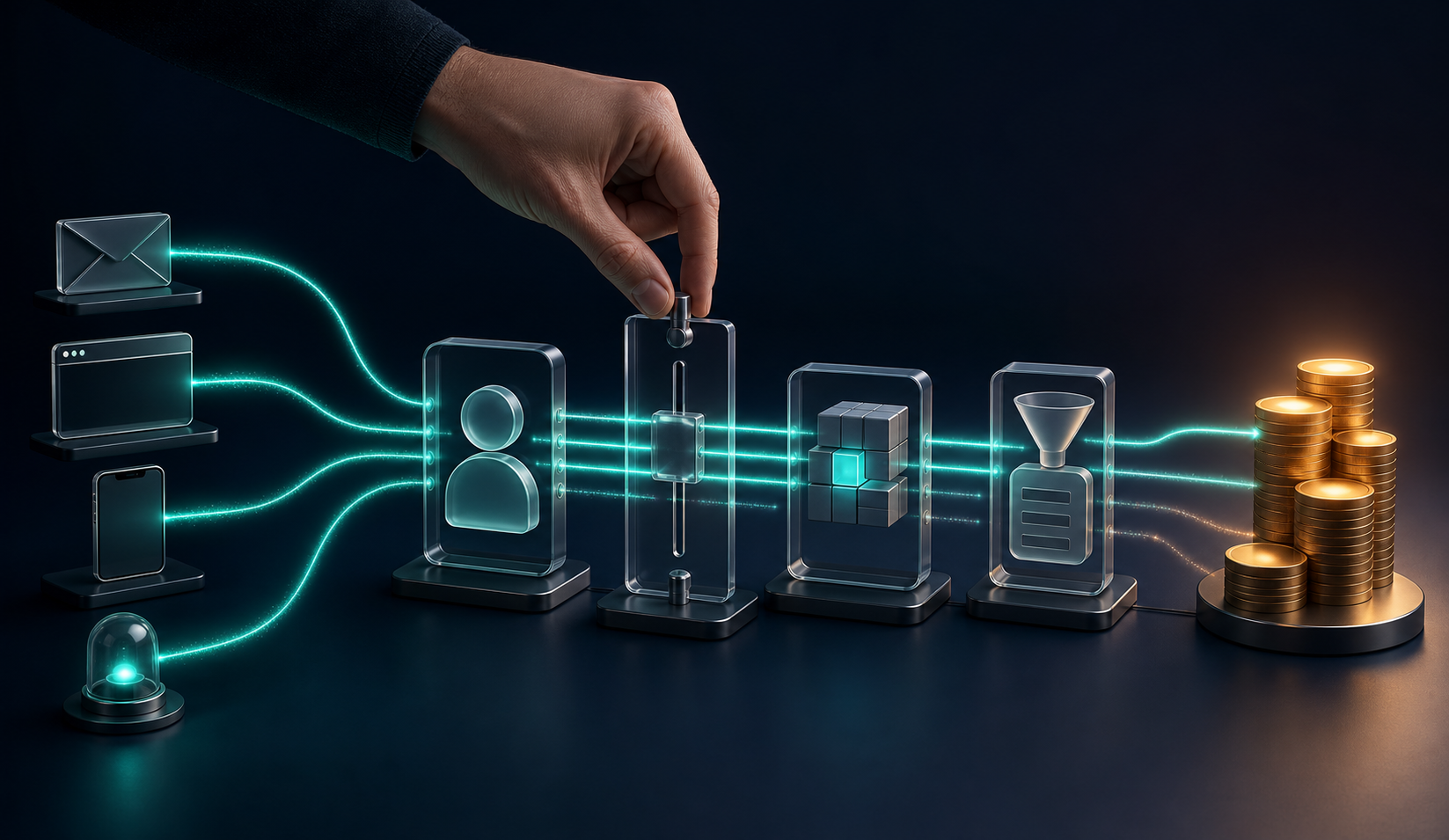 Conceptual illustration of marketing signals flowing through connected customer, product, and sales stages toward a stack of metallic value tokens, with a hand adjusting a control gate.