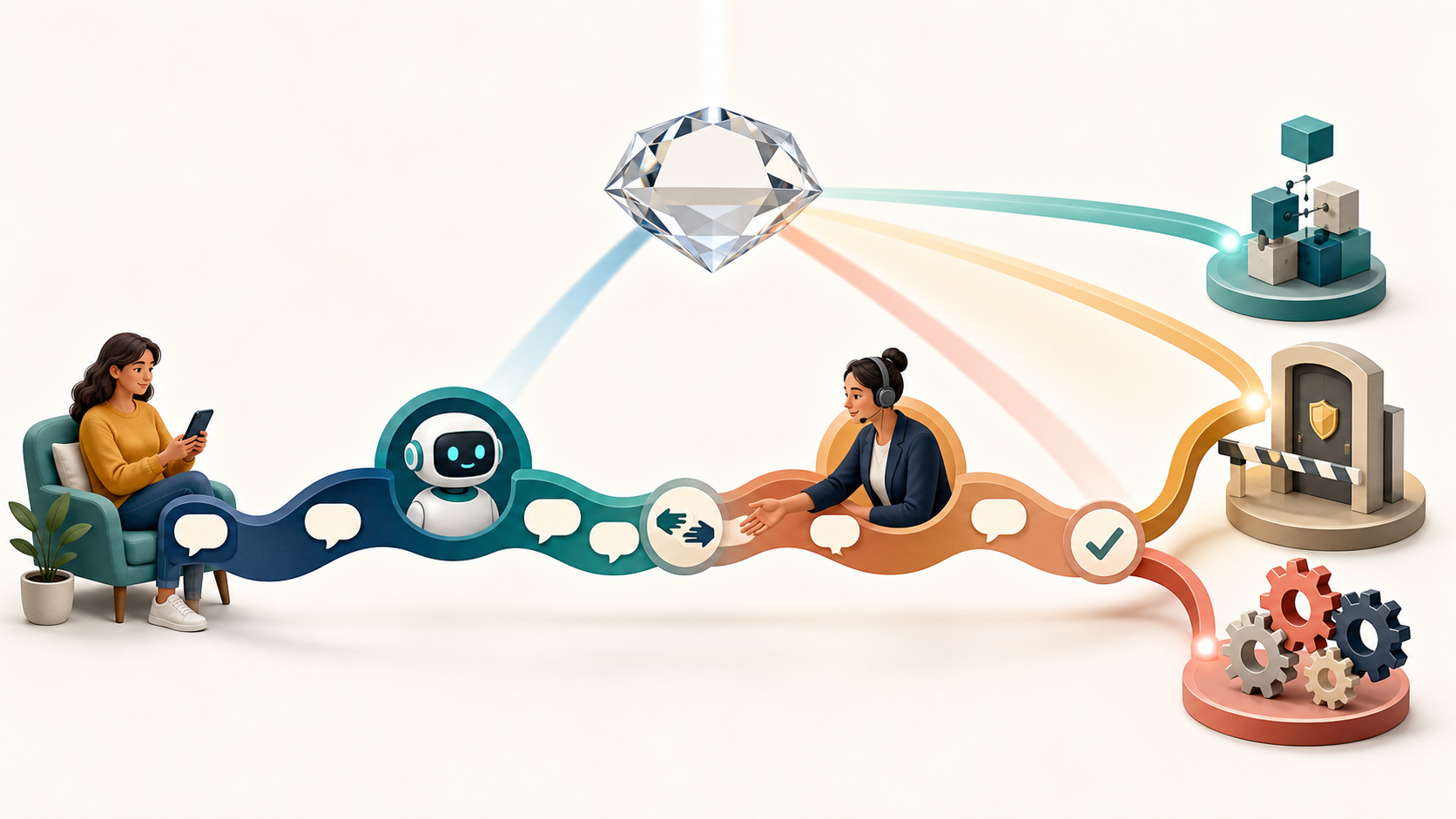 Editorial illustration of a customer's conversation passing through AI and human support, with a diagnostic lens separating the experience into paths leading to product, policy, and workflow owners.