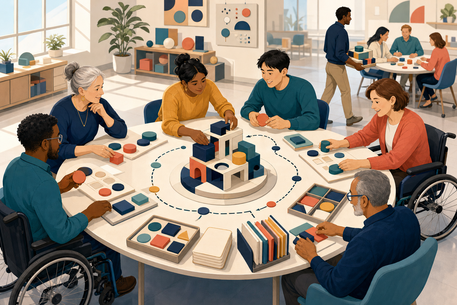 Six product professionals collaborate around a circular workshop table, testing a modular prototype and organizing reusable templates and component tiles for another team.