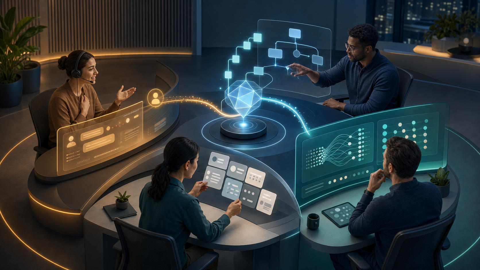 Four customer support professionals coordinate human service, AI behavior, knowledge content, and system optimization around a shared workspace.