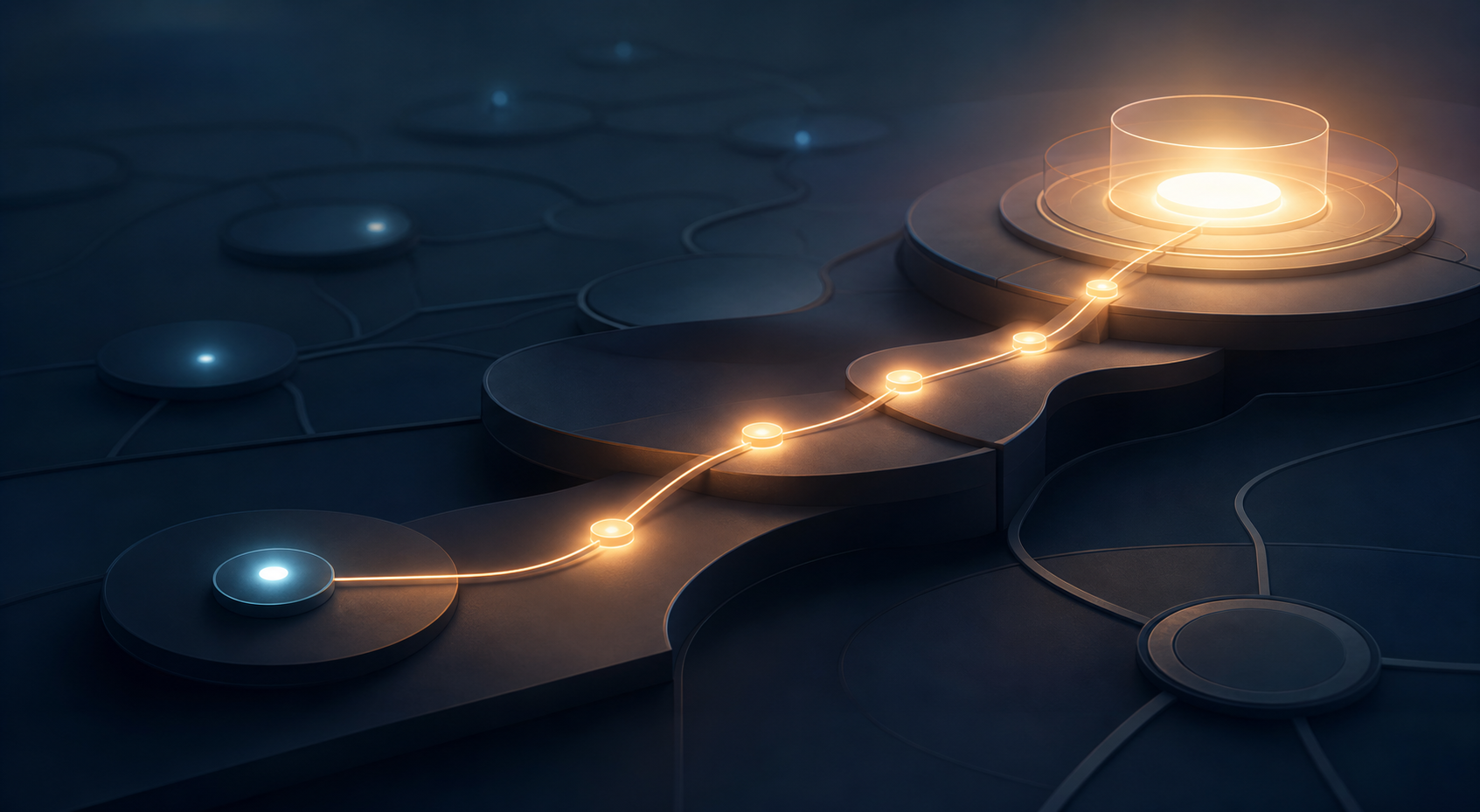 A softly glowing node reconnects along a clear pathway to an illuminated hub within a dark geometric digital network.