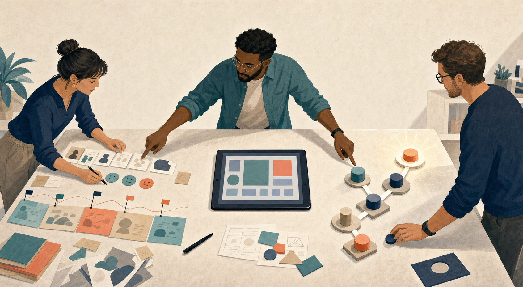 A product manager collaborates with a designer and an engineer around a table holding user research artifacts, a rough tablet prototype, and tokens representing progress toward an outcome.
