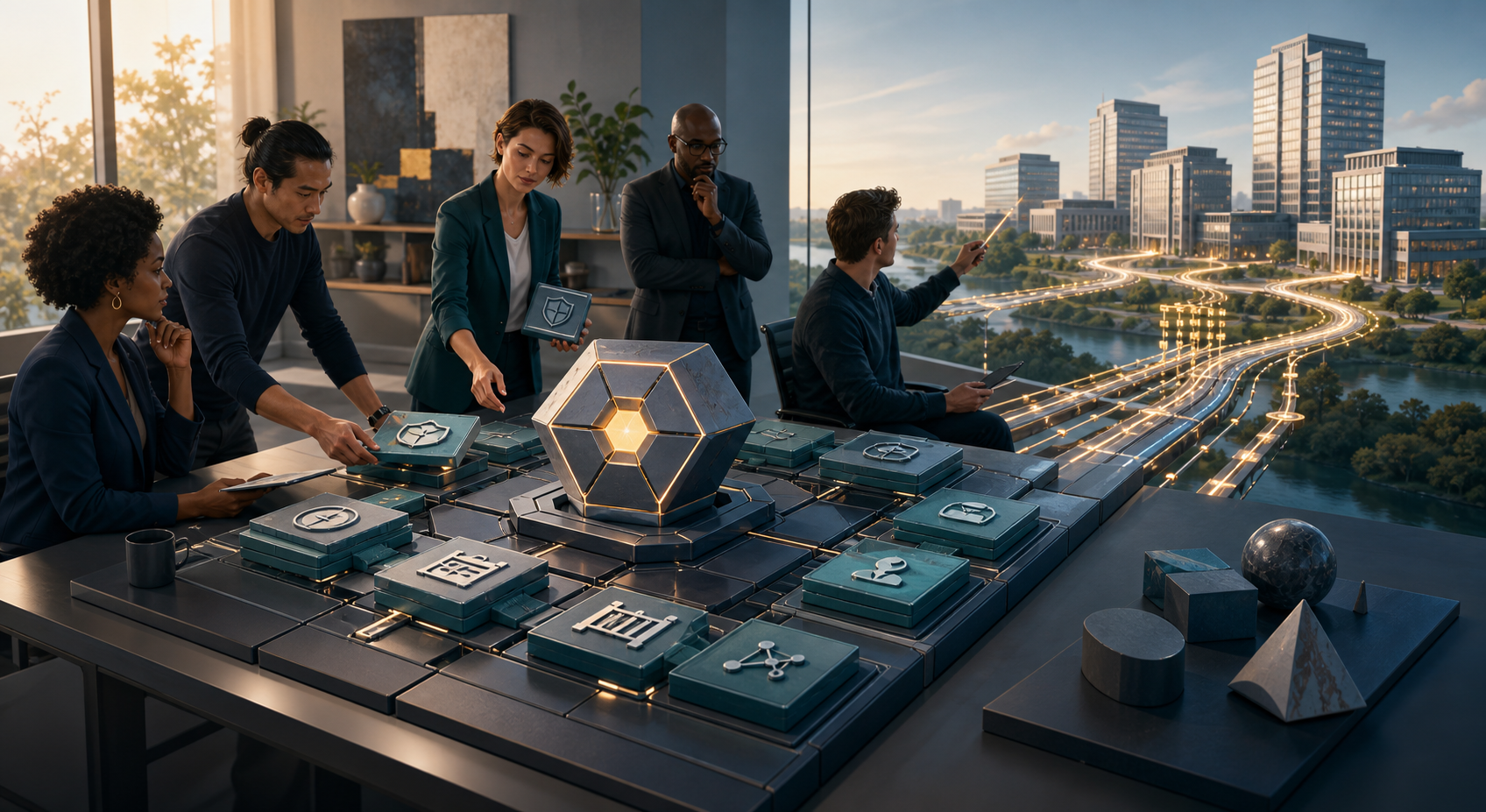 A business team coordinates around a modular product platform with repeatable pathways leading to several enterprise buildings, while incompatible custom pieces are kept aside.