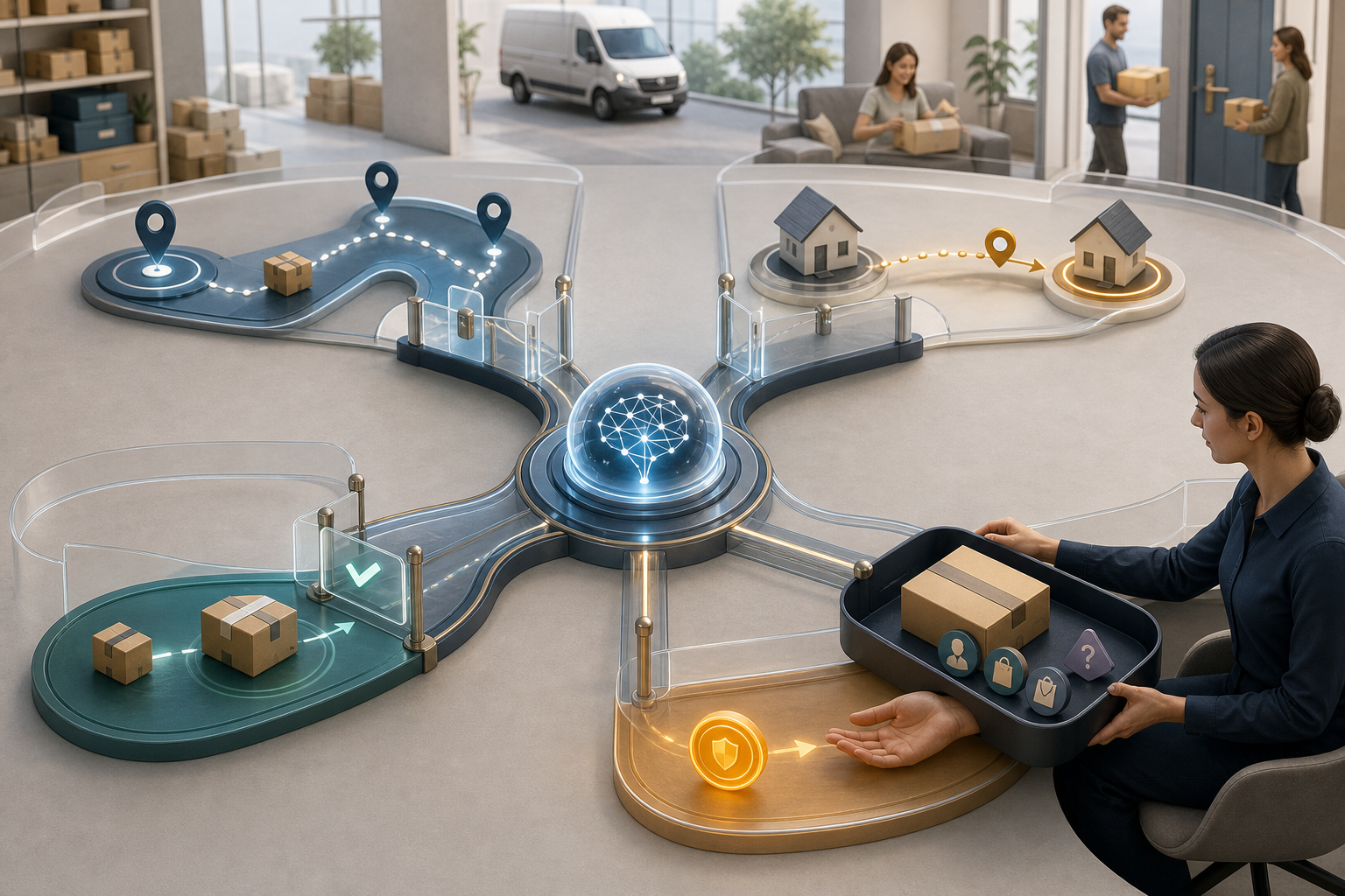 Editorial illustration of an AI service hub handling ecommerce delivery, address change, return, and refund tasks while passing a complex case with organized context to a human support specialist.