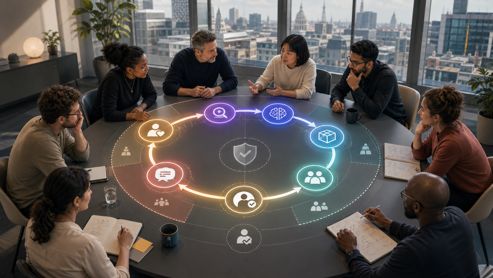 A cross-functional product team gathers around a circular table where a glowing customer journey connects discovery, AI decisions, adoption, evidence, feedback, and human oversight, with a London skyline beyond the windows.