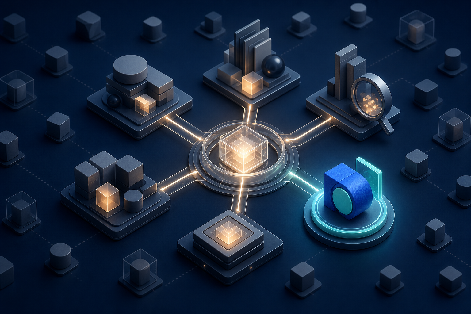 Abstract AI decision system connecting verified evidence modules to one illuminated geometric product object among several muted alternatives.