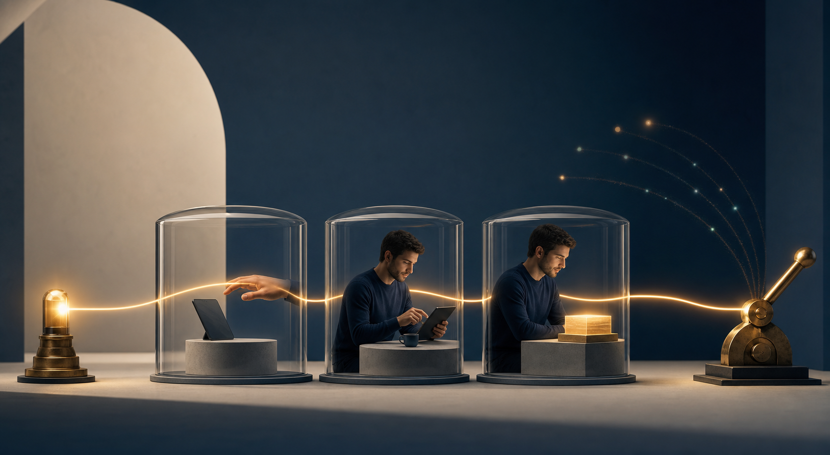 A glowing signal moves through transparent chambers showing a person discovering, using, and returning to a digital product before activating a mechanical decision lever.