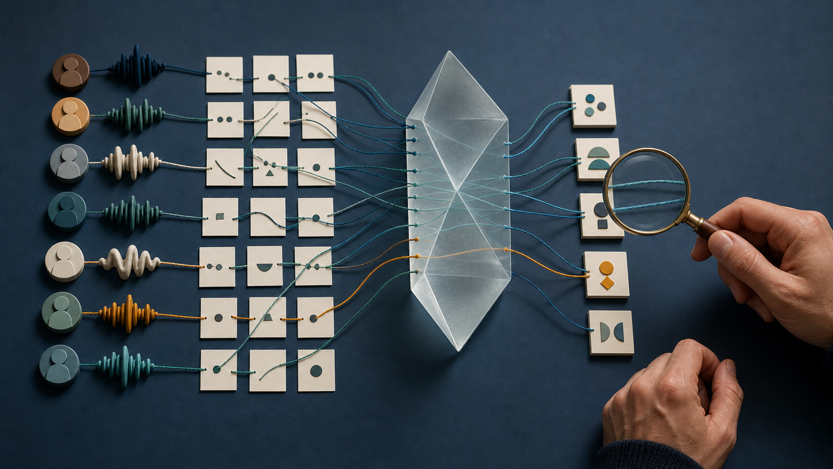 An overhead illustration of a researcher tracing colored threads from participant tokens and observation cards through a translucent AI prism to decision tiles, with one contrasting evidence thread preserved.