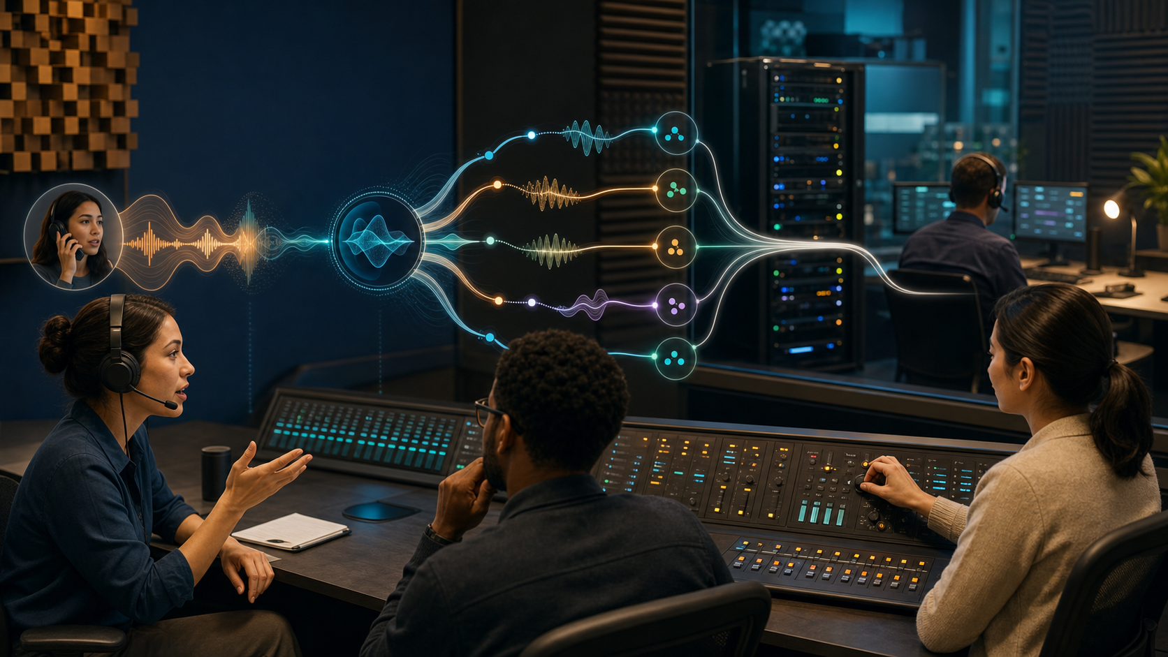 A support operations team tests an AI voice call with a headset, connected systems, visualized sound waves, and a human escalation path.