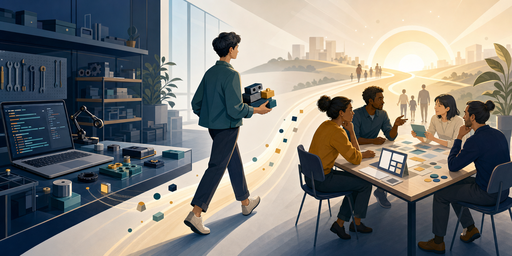 An engineer carries modular building pieces from a technical workspace toward a team collaborating on customer research and a product prototype.