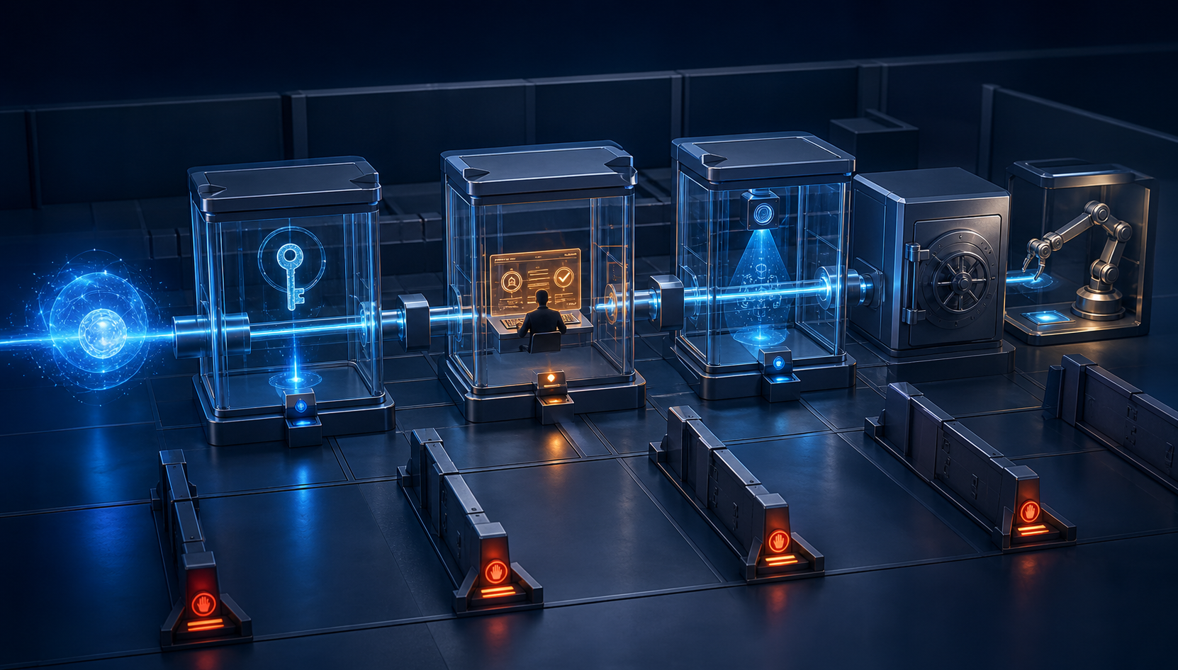An abstract AI agent passes through layered security gates toward protected data and action systems while a human operator monitors the controlled access path.