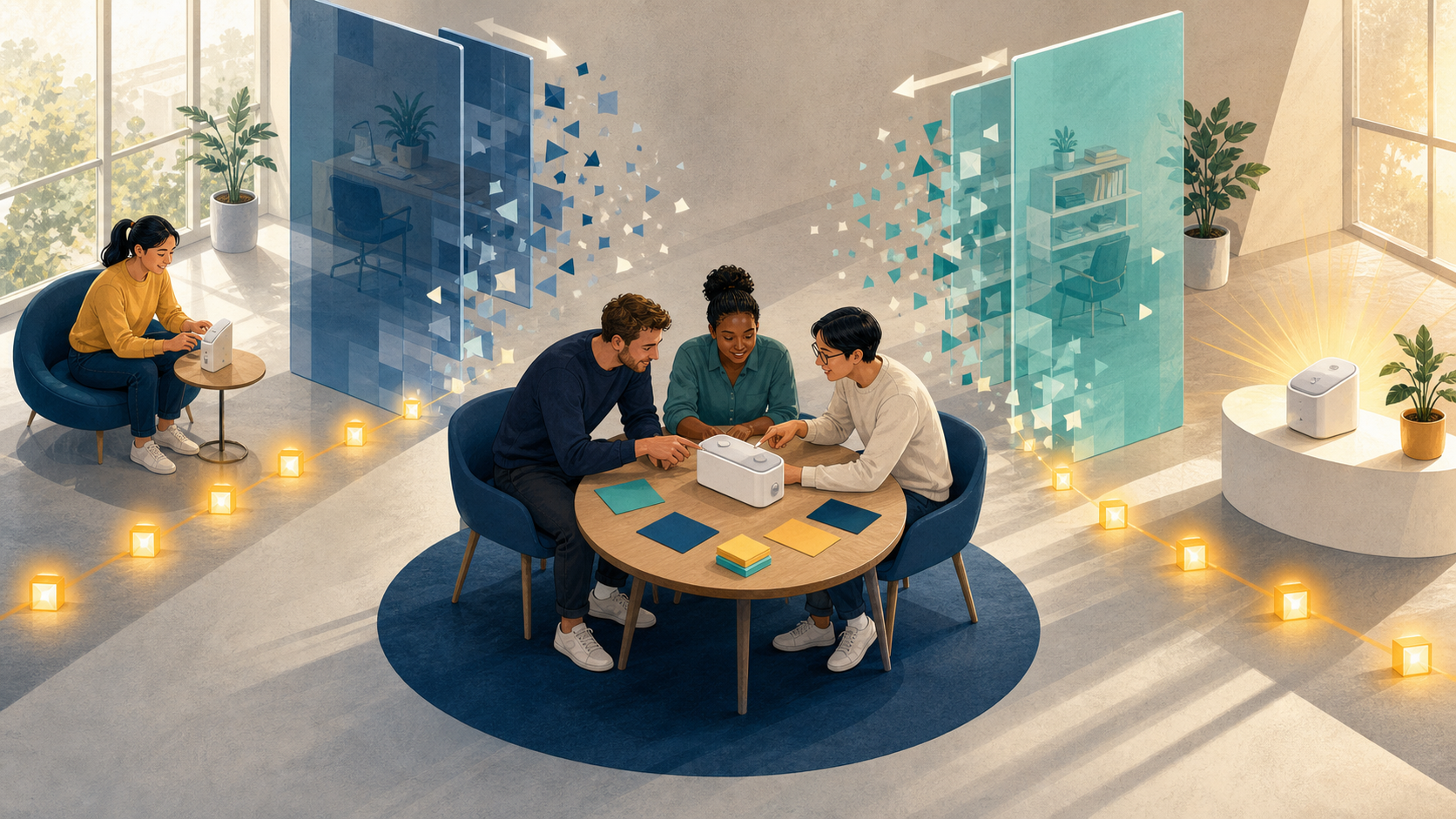 Three product professionals collaborate around a prototype as translucent office partitions open to reveal a continuous path between a customer and an outcome.