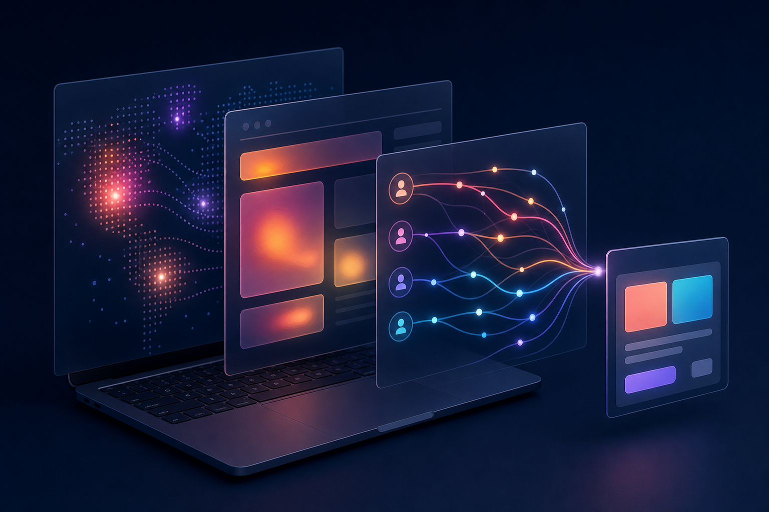 Layered digital interface visualization showing broad activity signals, highlighted page regions, and individual interaction paths converging on a focused product experiment.