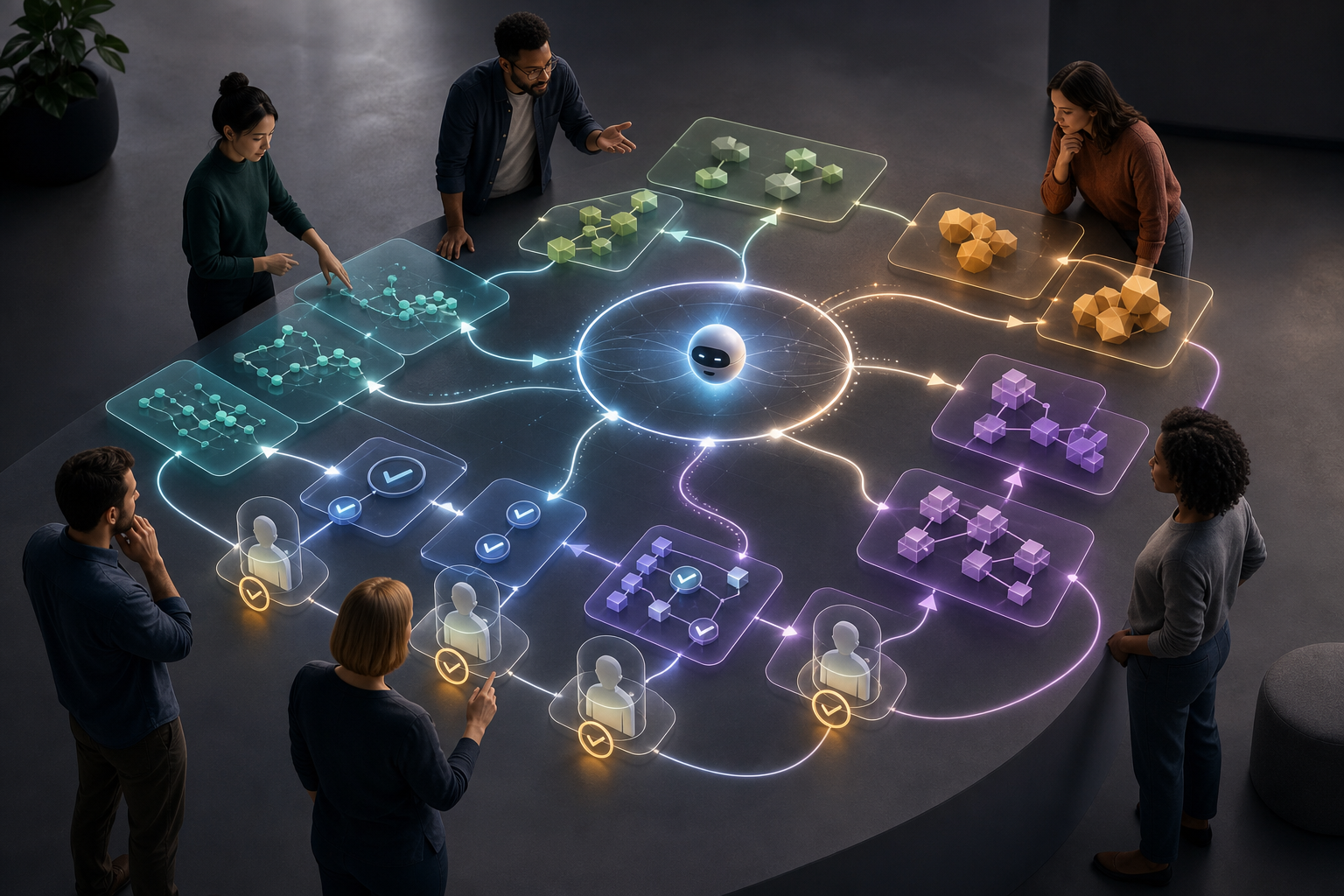A product team examines a glowing modular roadmap connected by an abstract analytics feedback loop, experiment nodes, and approval gates.