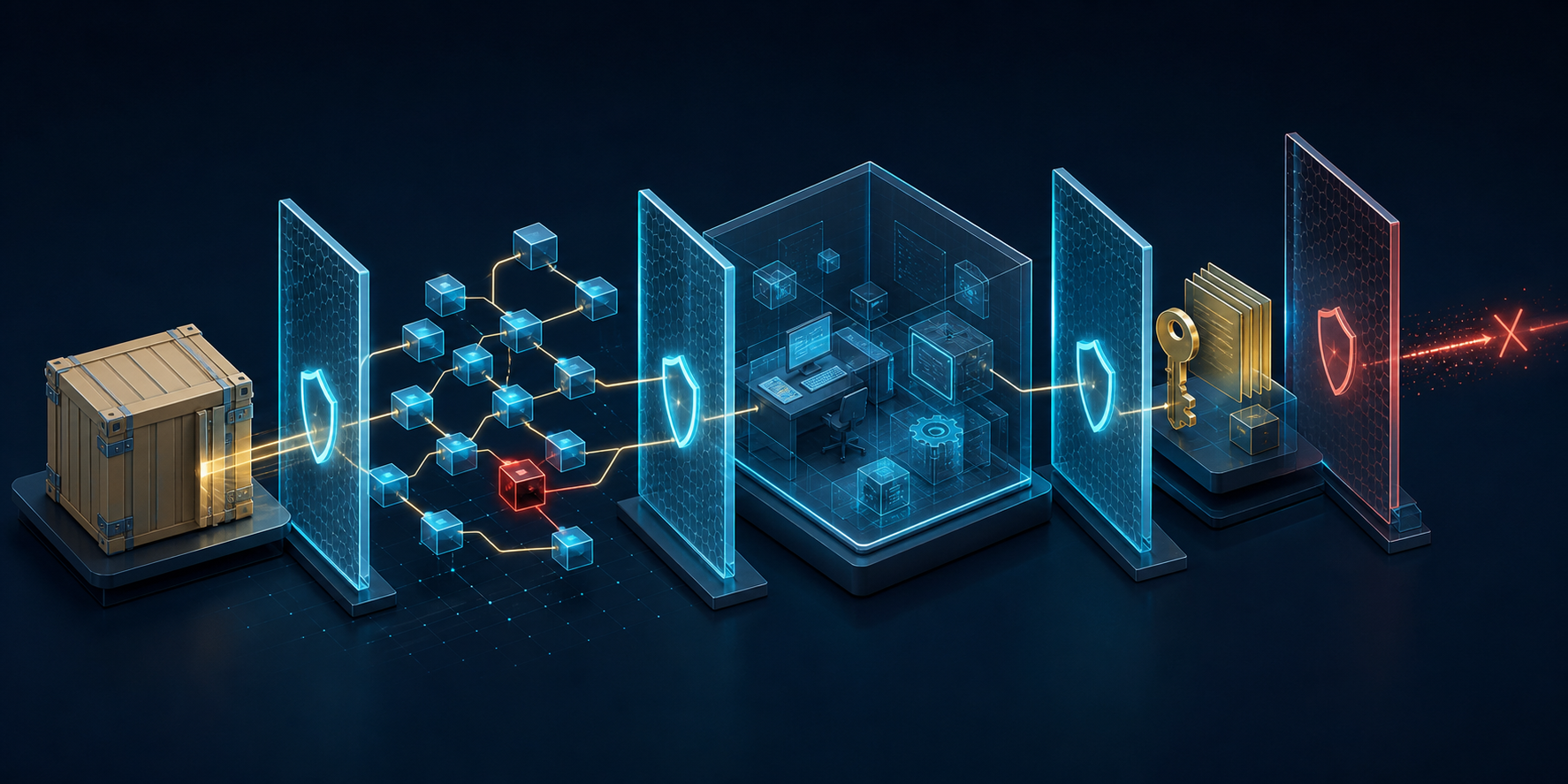 A layered security system contains a suspicious module within a branching network of interconnected software packages and blocks an outbound signal.