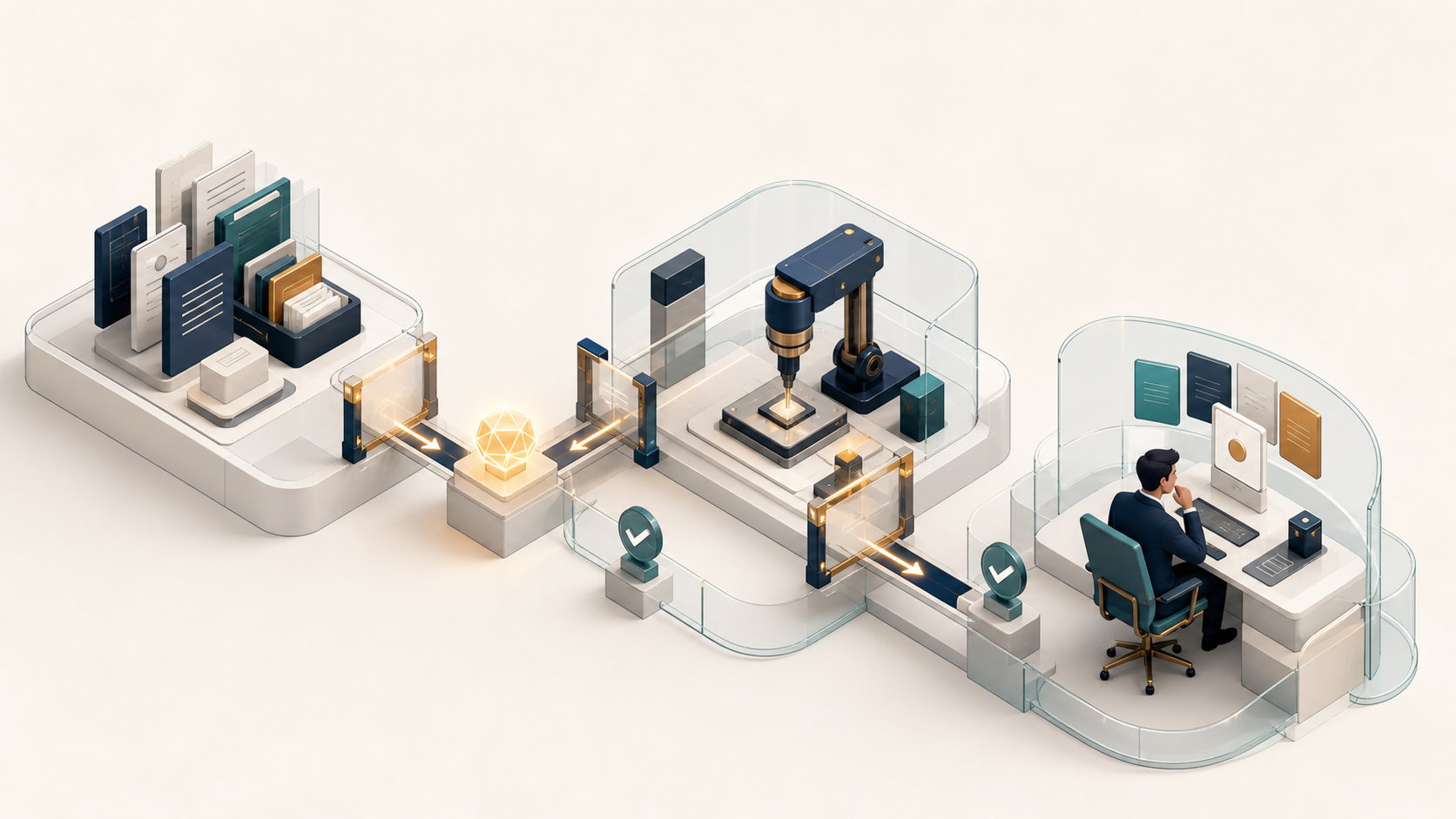 Isometric illustration of a bounded AI agent moving through information retrieval, tool use, and human review within visible guardrails and checkpoints.