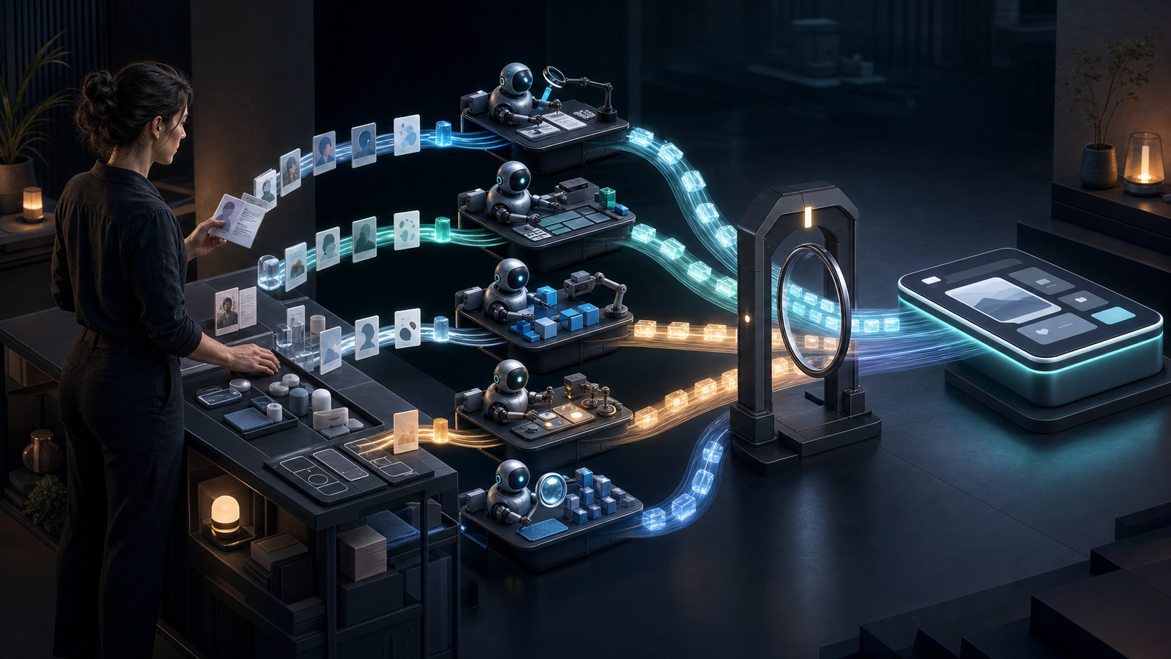 Editorial illustration of a product professional guiding customer evidence through several parallel AI agents that reconverge at an evaluation checkpoint before producing a finished digital product.