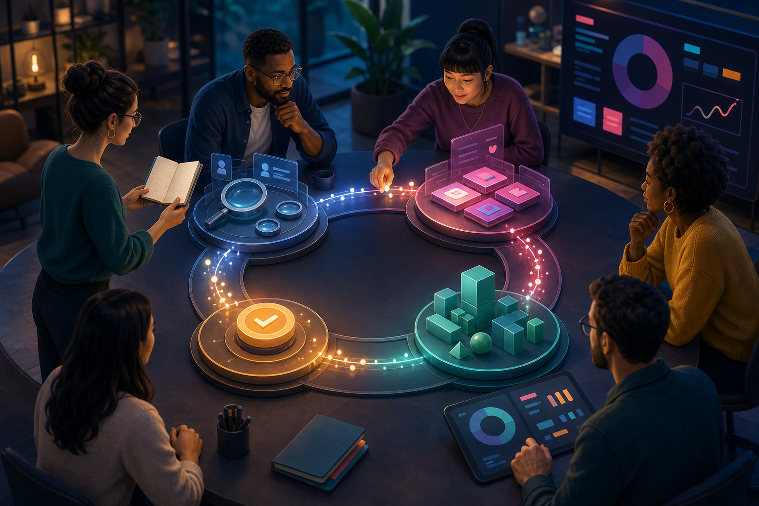 A product team works around a circular system connecting research, behavioral evidence, an in-product intervention, and measured follow-through.