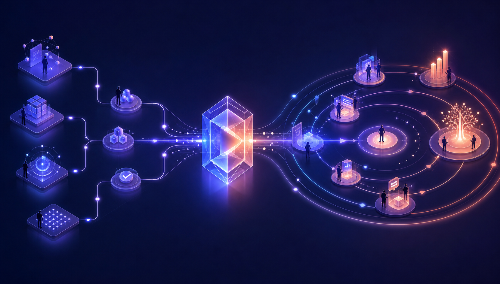 Abstract illustration of a central digital product connecting technical validation pathways with expanding user journeys and growth loops.
