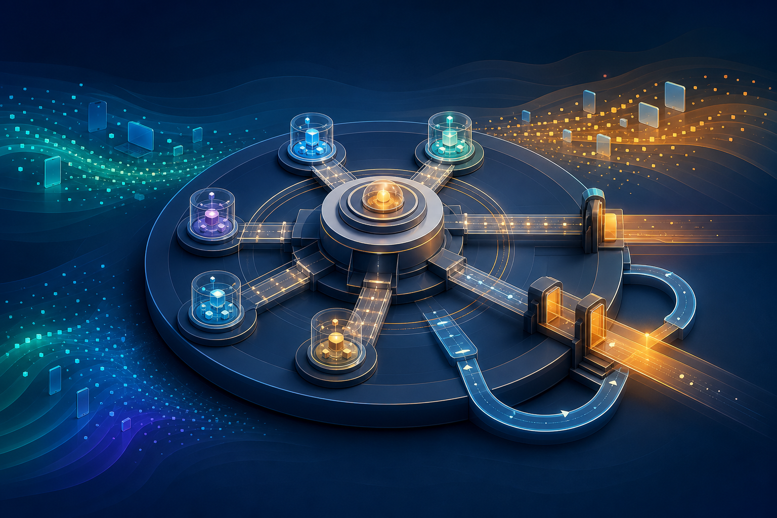 A modular experimentation platform with connected test chambers, guarded pathways, a central decision hub, and reversible deployment loops amid shifting streams of light and particles.