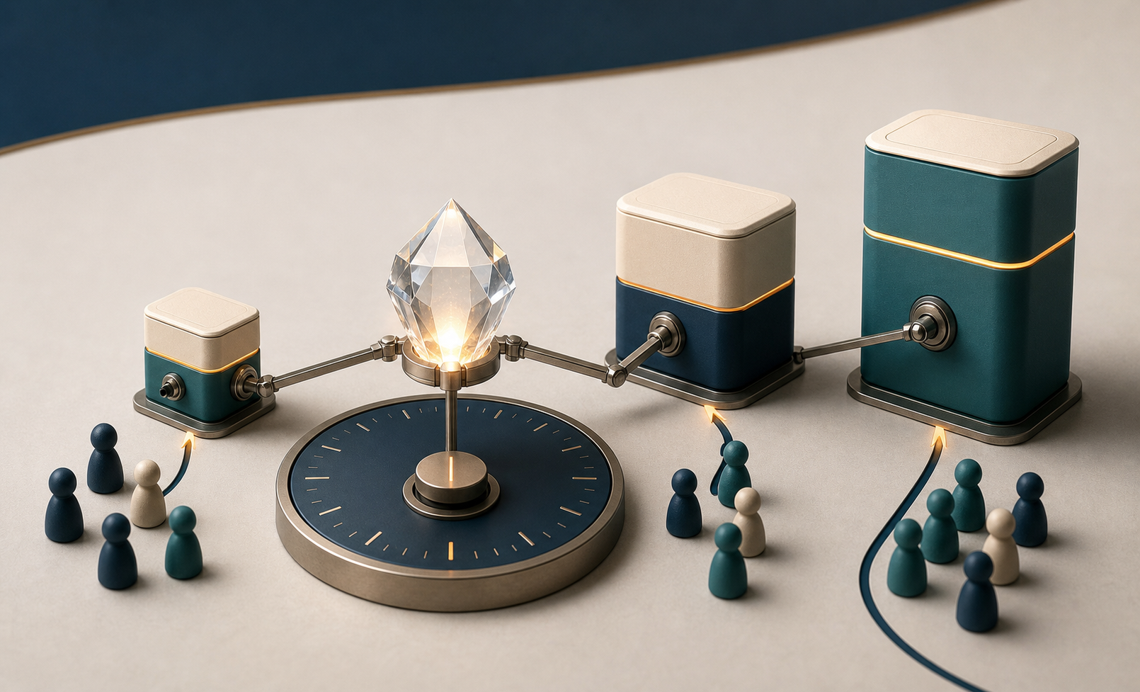 A glowing crystal connected to three modular product packages and a calibration dial, with abstract customer tokens sorting toward different package sizes.