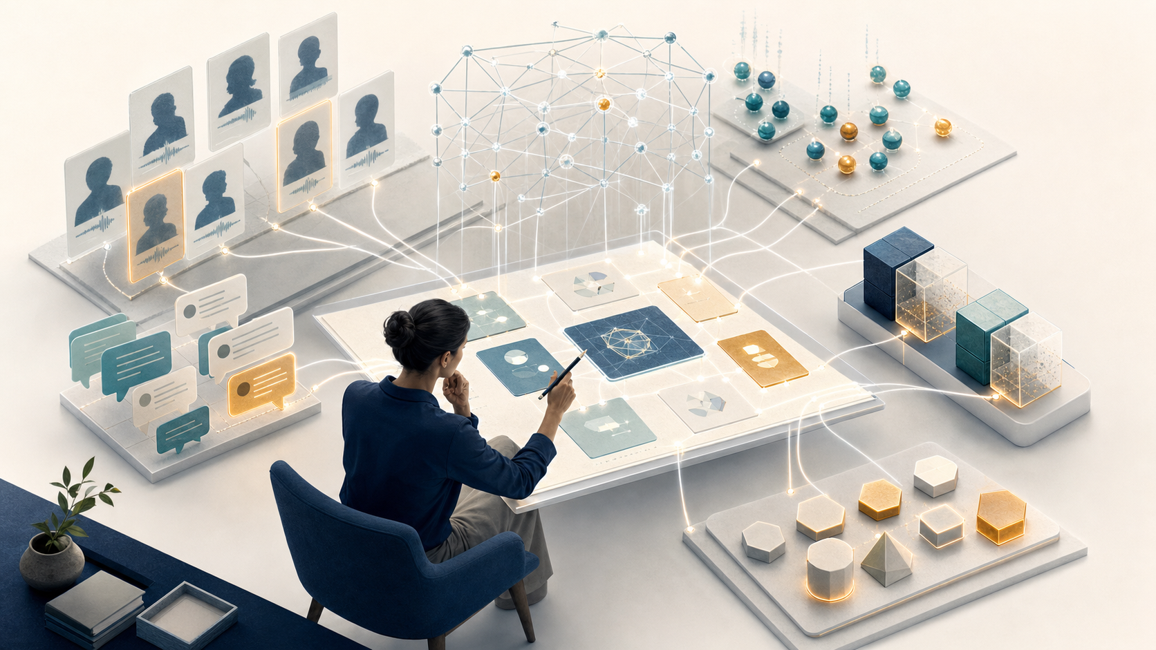 A product strategist reviews a central decision workspace connected by illuminated threads to interview, support, behavioral, experiment, and roadmap evidence artifacts.