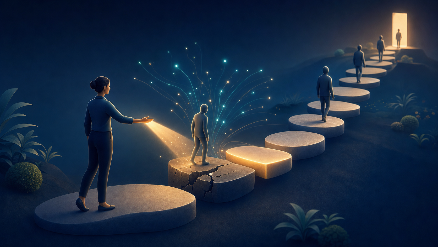 Editorial illustration of a customer success professional using glowing behavioral signals to identify and support a customer who has slowed on a pathway toward recurring product value.
