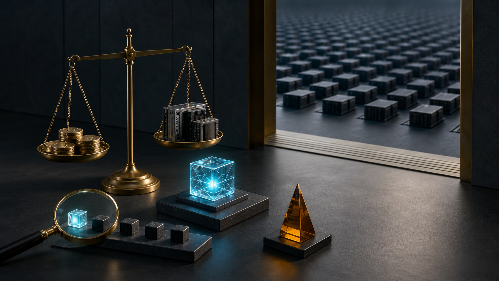 A luminous geometric AI prototype sits beside a brass balance and evaluation objects, with many unlit modules waiting beyond a threshold in the background.
