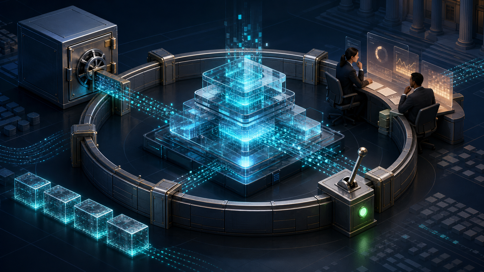 Financial professionals review outputs from a glowing analytics engine enclosed by data-access gates, approval controls, and a sealed evidence trail.