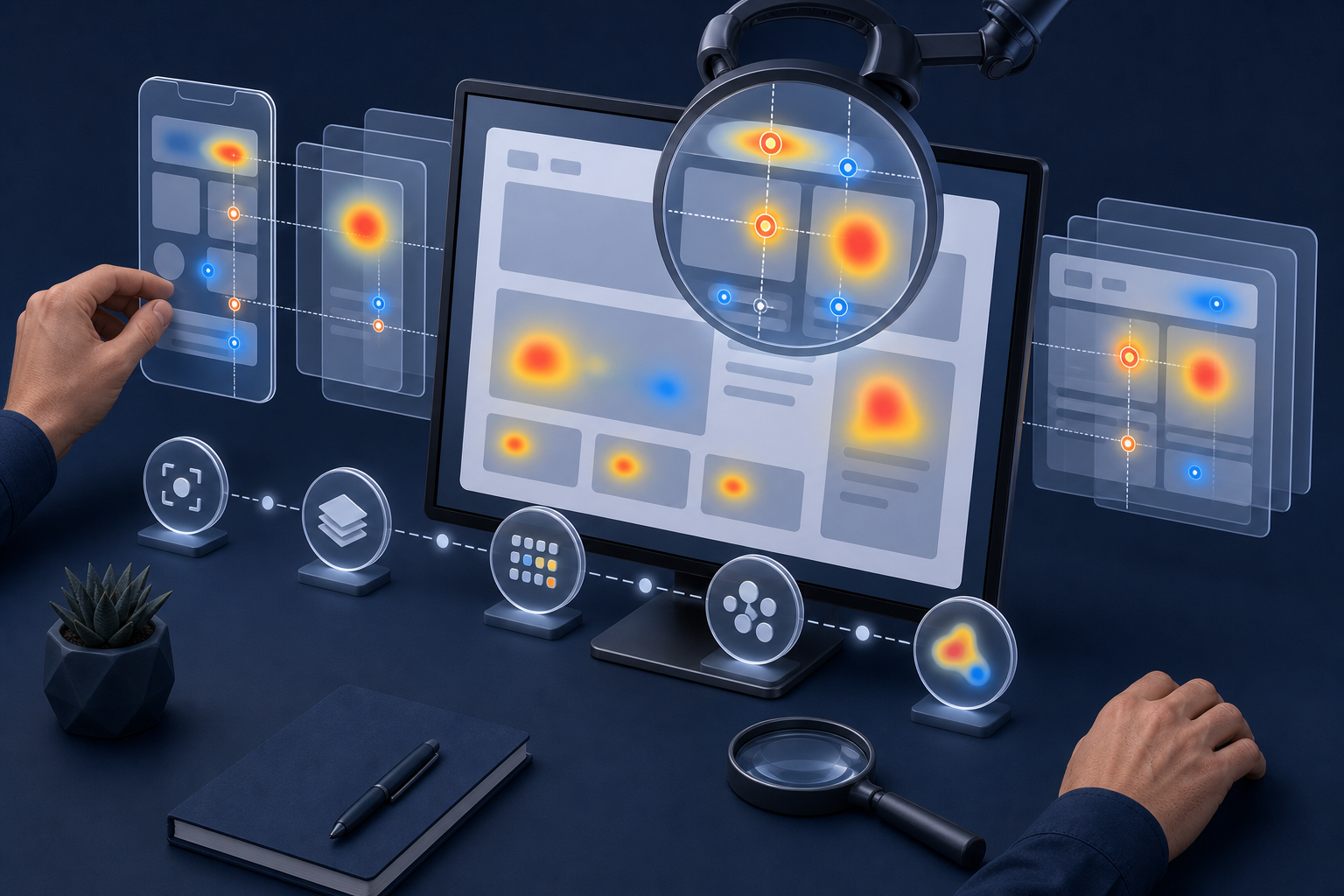 An analyst inspects a color heatmap over a generic webpage while translucent mobile and desktop interface layers are aligned behind the monitor.