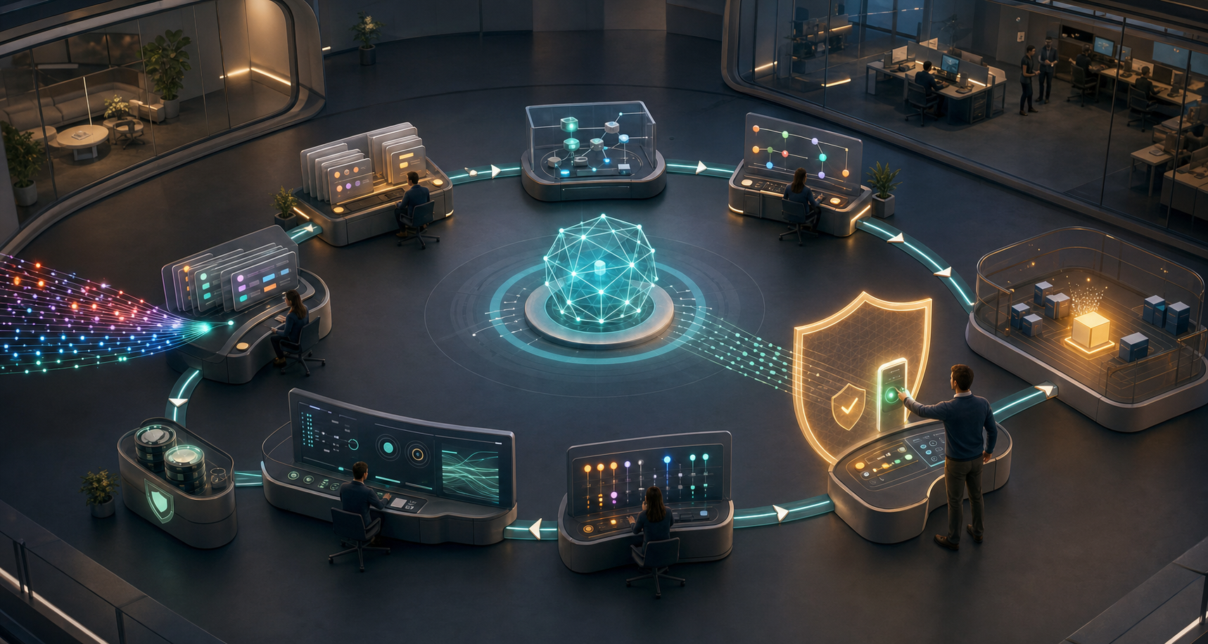 A human operations lead supervises a glowing AI control core that routes customer support signals through investigation, testing, approval, deployment, and feedback stages in a modern control room.