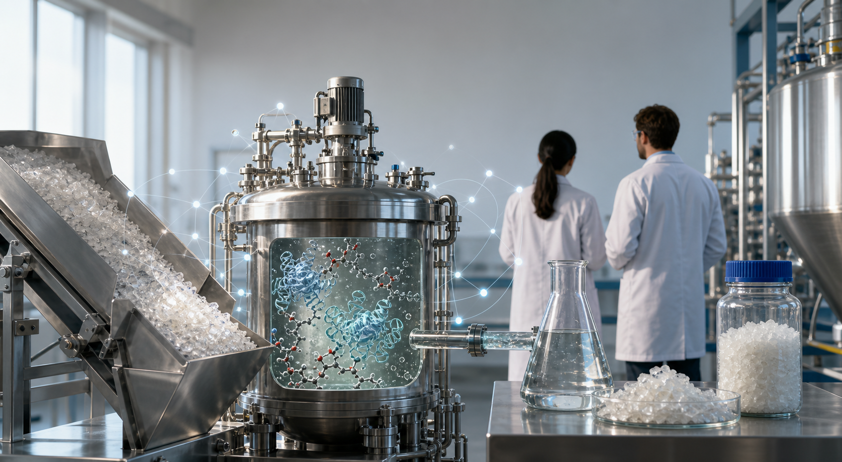 A product leader and materials scientist observe a pilot recycling system that converts plastic flakes into purified monomers using an enzyme bioreactor and an abstract AI learning network.