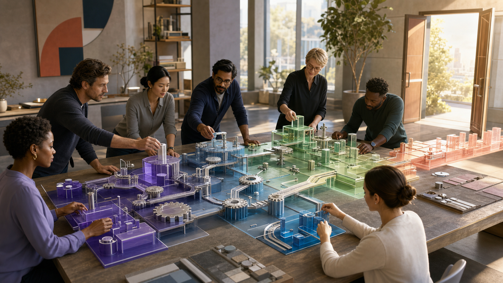 A fictional leadership team assembles an expanding system of translucent panels, gears, and pathways on a modular table in a bright studio.