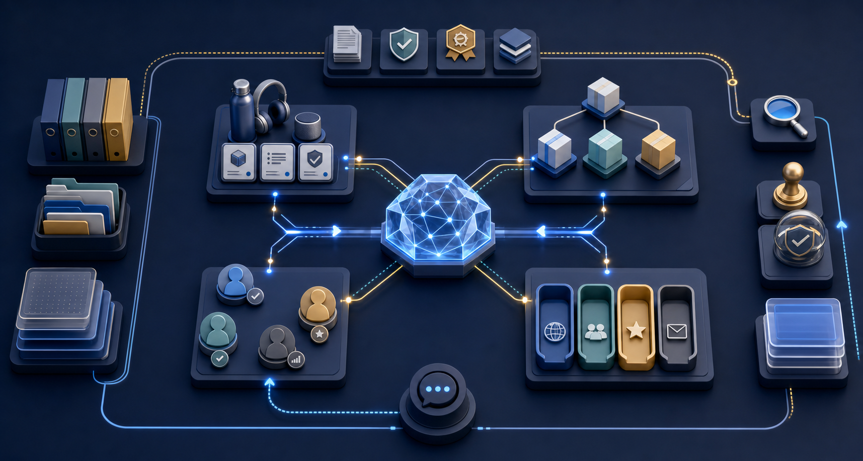 A faceted AI core connects an organized knowledge library to product, buyer qualification, recommendation, and routing modules through illuminated pathways.